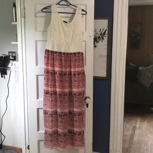 Lace top and printed skirt maxi dress